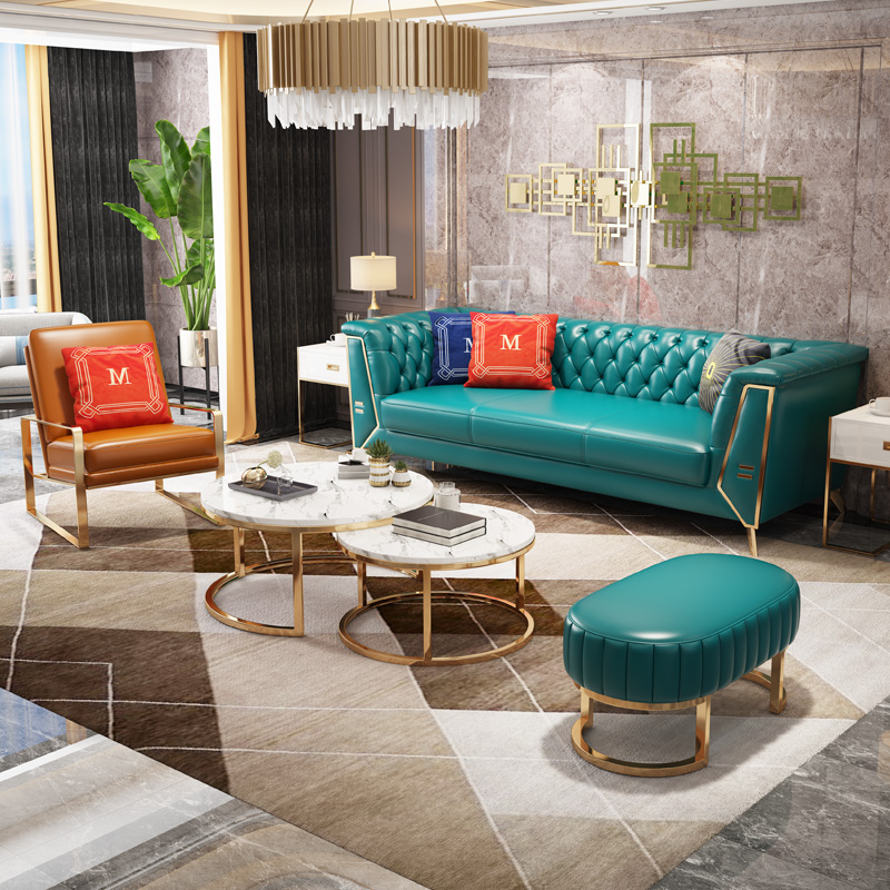 美式轻奢真皮沙发组合不锈钢钛合金家具后现代简约客厅样板房沙发