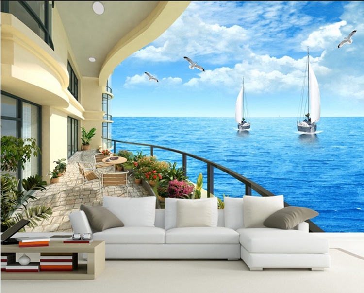 大型壁画高清阳台大海海景海鸥定做壁纸客厅沙发电视餐厅背景墙
