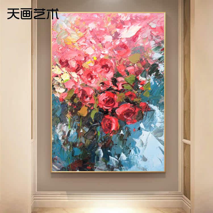 纯手绘油画玫瑰花餐厅玄关装饰画书房客厅壁画手工定制挂画大尺寸