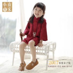 亲子旗袍儿童亚麻棉提花红色中式改良民族风长裙春夏新款包邮礼物儿童旗袍