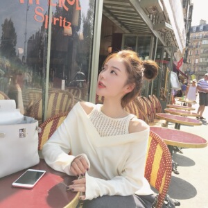 美美的夏夏:2017秋装新款 多色v领露肩假两件毛衣女中长款上衣毛衣