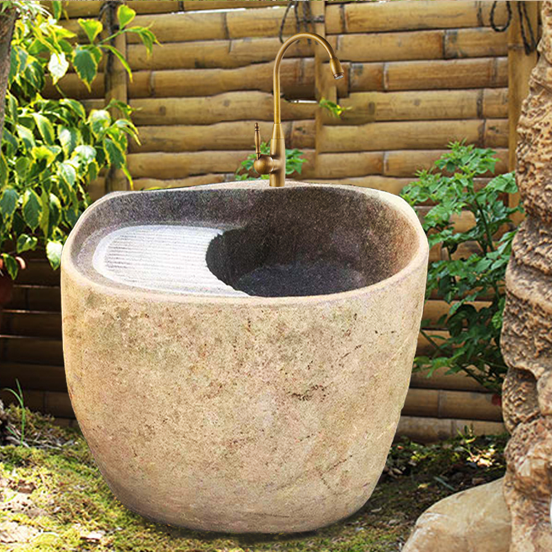 户外鹅卵石洗衣池一体水槽庭院整石头洗手盆花园石材落地式水池