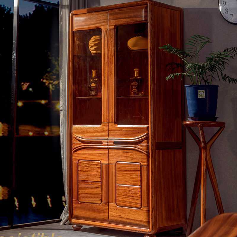 新中式乌金木酒柜 现代中式全实木双门酒柜 客厅酒柜玻璃展示柜
