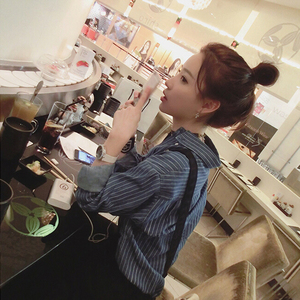 2016秋季新款韩范宽松显瘦学院风竖条纹牛仔衬衫女长袖全棉上衣潮长袖衬衫