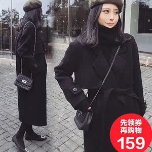 系带呢子大衣女装秋冬季新款韩版黑色显瘦中长款过膝加厚毛呢外套秋冬女装
