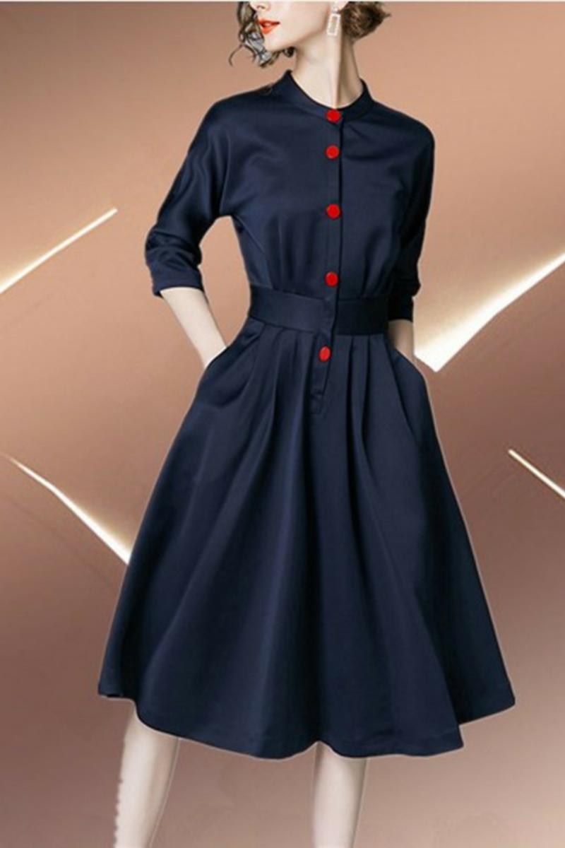 玛丝菲尔2020春装新款女装正品代购国内纯色立领修身时尚连衣裙