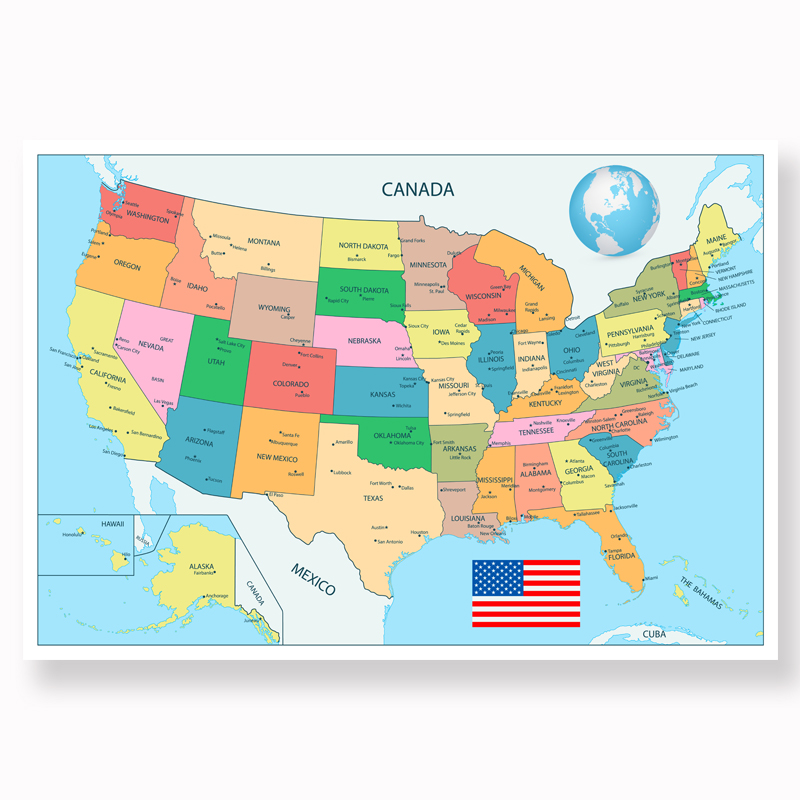 英文美国地图 英语美国地图 教学 展示 地球 墙贴 挂图 挂画 画芯