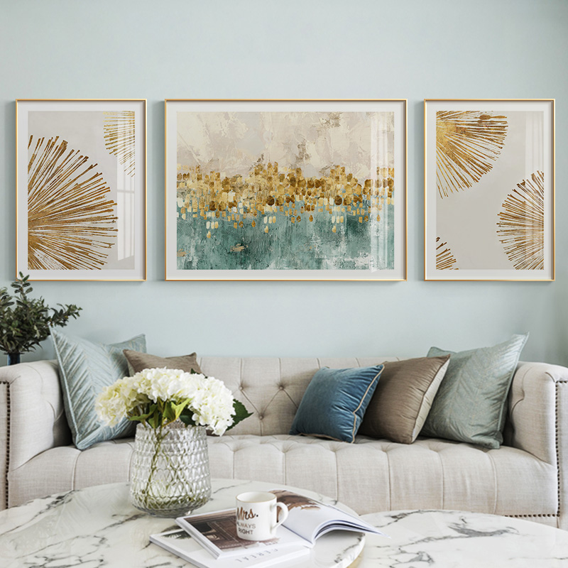 现代美式轻奢客厅装饰画简美大气抽象沙发背景三联画墙壁挂画壁画