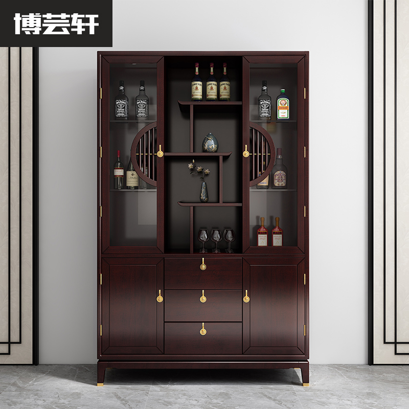 新中式实木酒柜三门靠墙轻奢客厅书房展示柜办公书柜家用餐厅酒柜