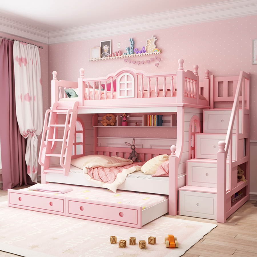 高低床实木上下床子母床双层床多功能组合床粉色儿童公主床女孩