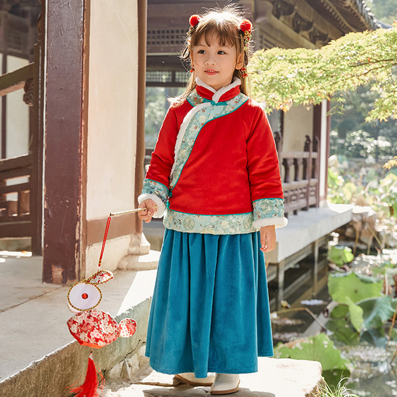 女童汉服冬装加绒加厚中国风新年装儿童唐装两件套宝宝拜年服女冬