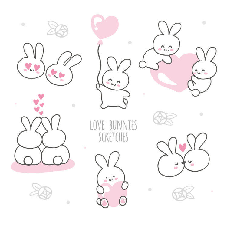 可爱卡通手绘简笔画小兔子情侣小白兔爱心儿童插画贴纸印刷ai素材