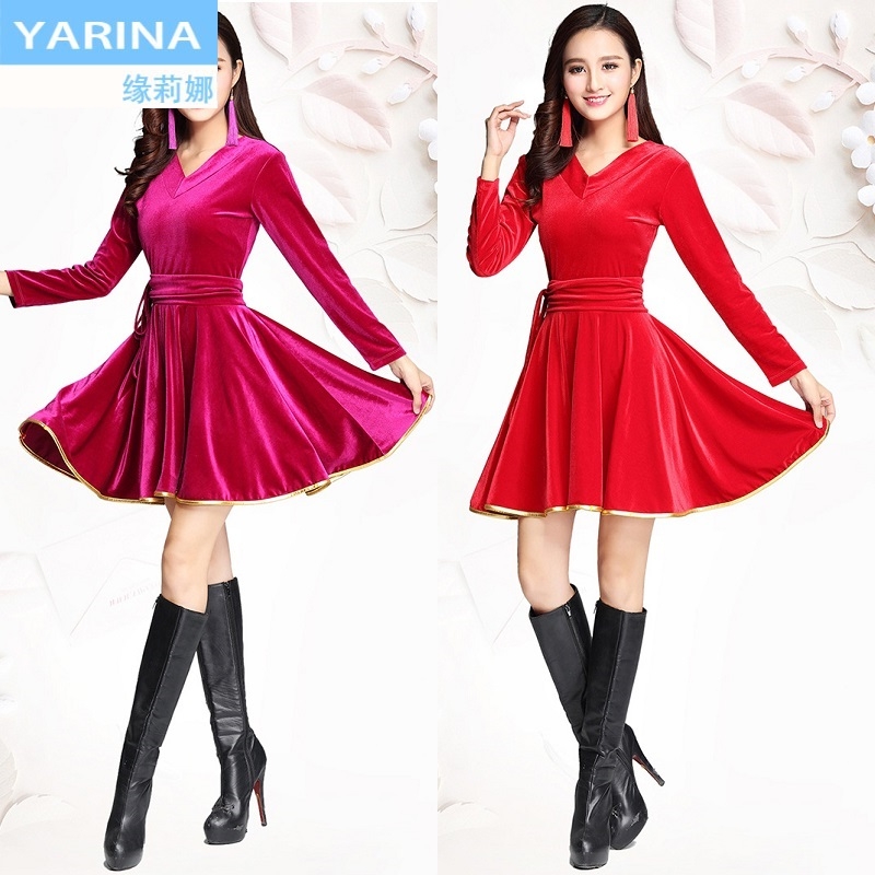 yarina2018新款春秋广场舞蹈服成人女式时尚表演出长袖连衣裙子运