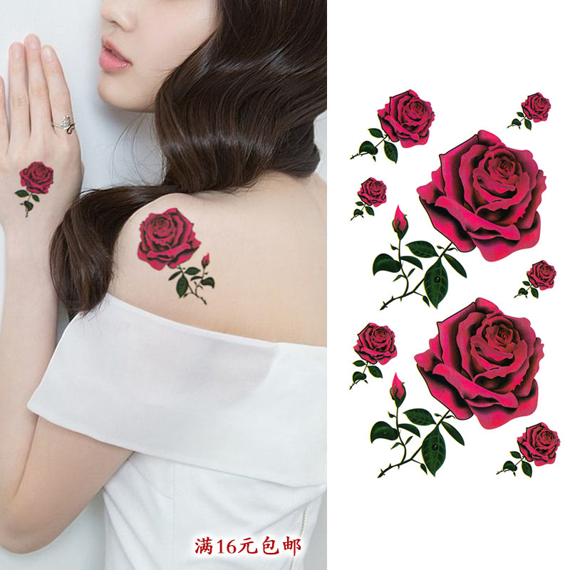 红色玫瑰花纹身贴防水女持久花朵仿真韩国性感个性胸花手臂贴纸