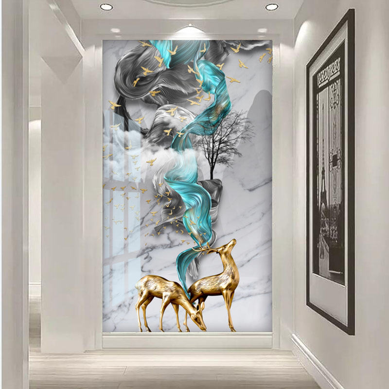 新中式玄关5d麋鹿壁画立体进门墙墙布走廊竖版8d装饰画背景墙墙纸