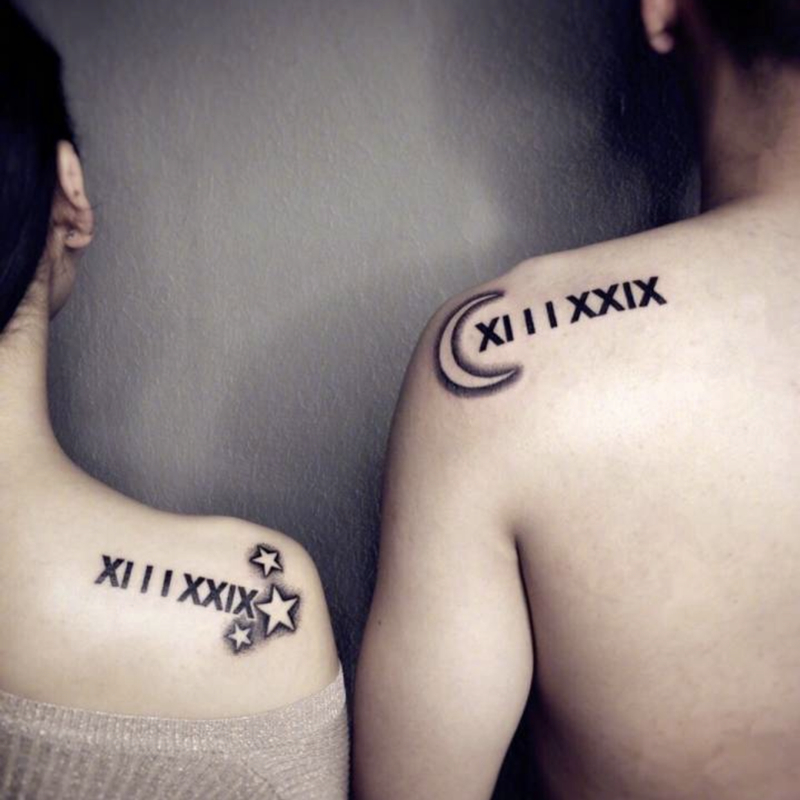 花臂少女tattoo x157 情侣星星月亮字母罗马数字黑白后背纹身贴