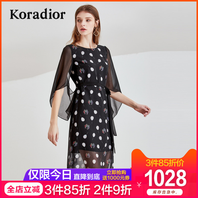 koradior/珂莱蒂尔品牌女装2019夏装新款波点修身气质雪纺连衣裙