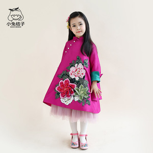 小兔桔子原创春季大摆立体绣花女童旗袍中国风儿童同款连衣裙款儿童旗袍