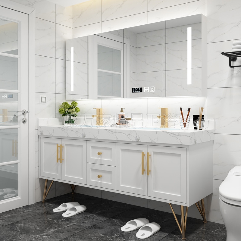 北欧双盆浴室柜组合现代简约大理石洗手洗脸盆柜卫生间洗漱台定制