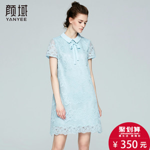 颜域品牌女装2017夏季新款显瘦娃娃领蝴蝶结系带短袖蕾丝连衣裙女装