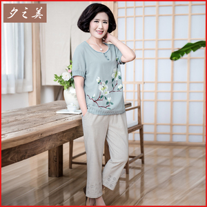 妈妈夏装套装中老年女装纯棉麻上衣服亚麻女裤子两件套中年人t恤中老年女装
