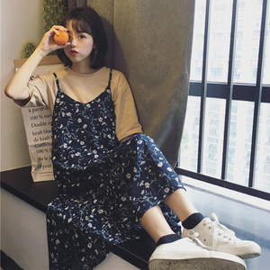 夏季女装韩版甜美小清新吊带裙中长款碎花雪纺连衣裙宽松过膝裙子女装夏
