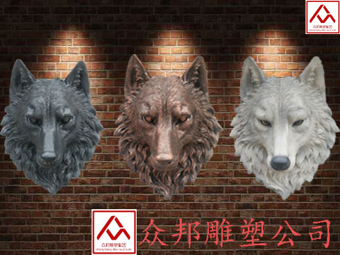 仿真动物狼头玻璃钢雕塑 仿铜喷水兽头像模型别墅ktv墙壁挂件模型