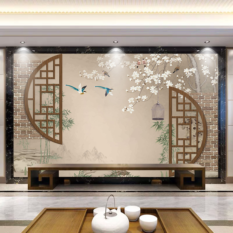 新中式电视背景墙墙贴贴纸画自粘壁纸中国风壁画墙布玉兰花鸟墙纸