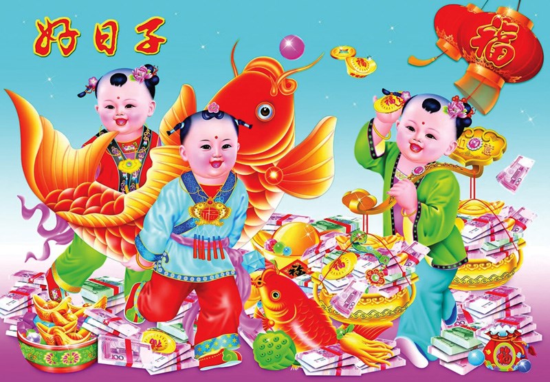 中国喜庆年画客厅装饰画玄关大头娃娃福过年农村墙画堂屋餐厅壁画