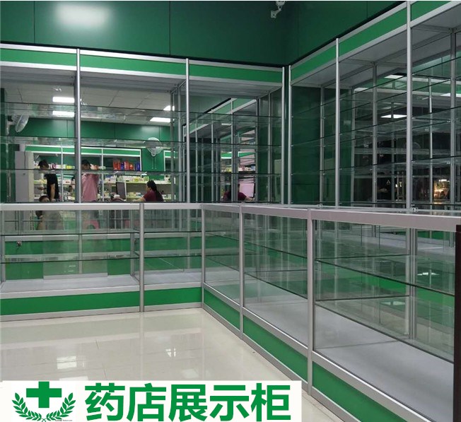 药房货架西药柜台药品展示柜药店货架玻璃柜台展柜中岛柜药柜