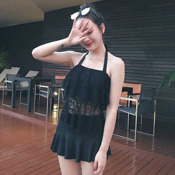 韩版学生保守遮肚分体游泳衣平角裤吊带蕾丝裙式少女泳装两件套夏