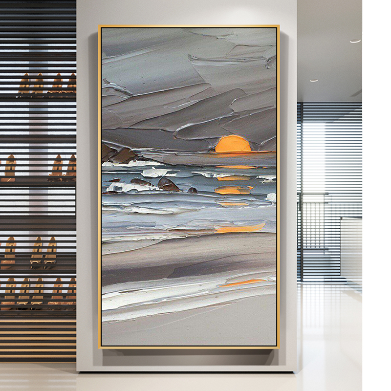 客厅风景油画纯手绘玄关抽象装饰画日出竖版现代简约进门走廊壁画