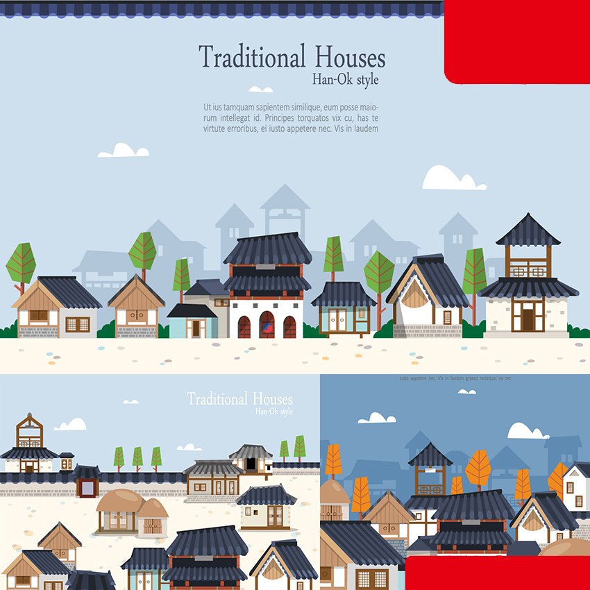 【精选】韩国传统古建筑插画农村青瓦白墙院子房eps矢量设计素材