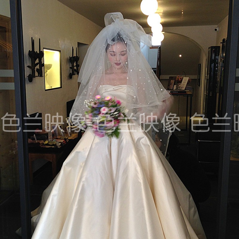韩式明星同款白色波点斑点多层拖尾蓬蓬新娘主婚纱遮面头纱头饰
