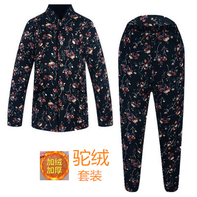 驼绒棉袄棉裤保暖服冬季棉衣棉服中老年女士加绒加厚加肥加大套装