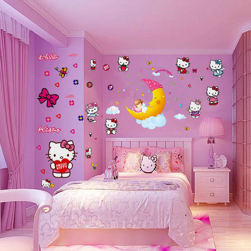 hellokitty墙纸kt猫贴画儿童卧室装饰墙贴贴纸女孩房间装饰品自粘