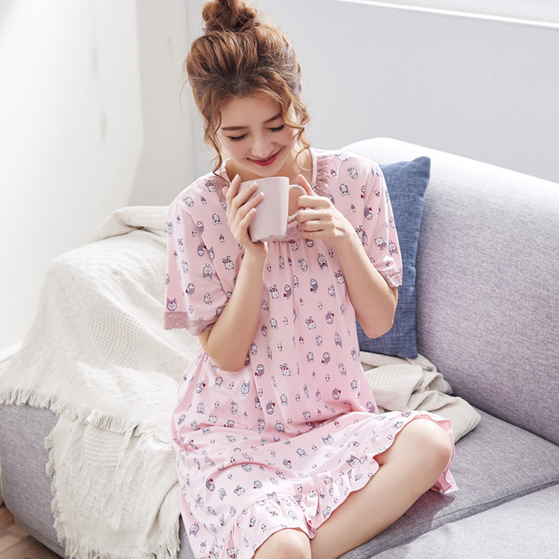 睡裙女夏季短袖莫代尔妈妈中老年女士薄款中裙睡衣夏婆婆家居裙子