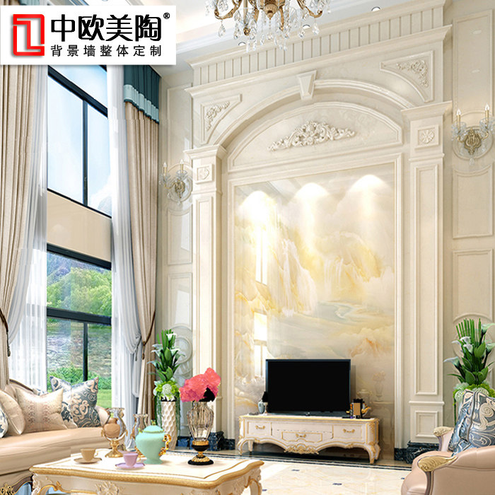 欧式大理石复式别墅电视背景墙瓷砖微晶石客厅罗马柱简约边框造型