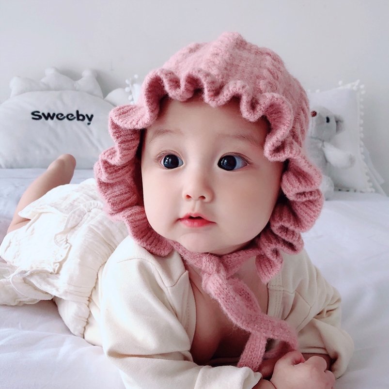 四个月宝宝秋季帽子刚出生小孩子春秋季小女孩满月发饰公主毛线帽