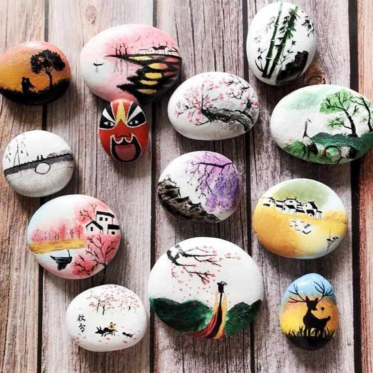 小石头彩绘手工石头画鹅卵石绘画成品幼儿园画画创意创意手绘彩色