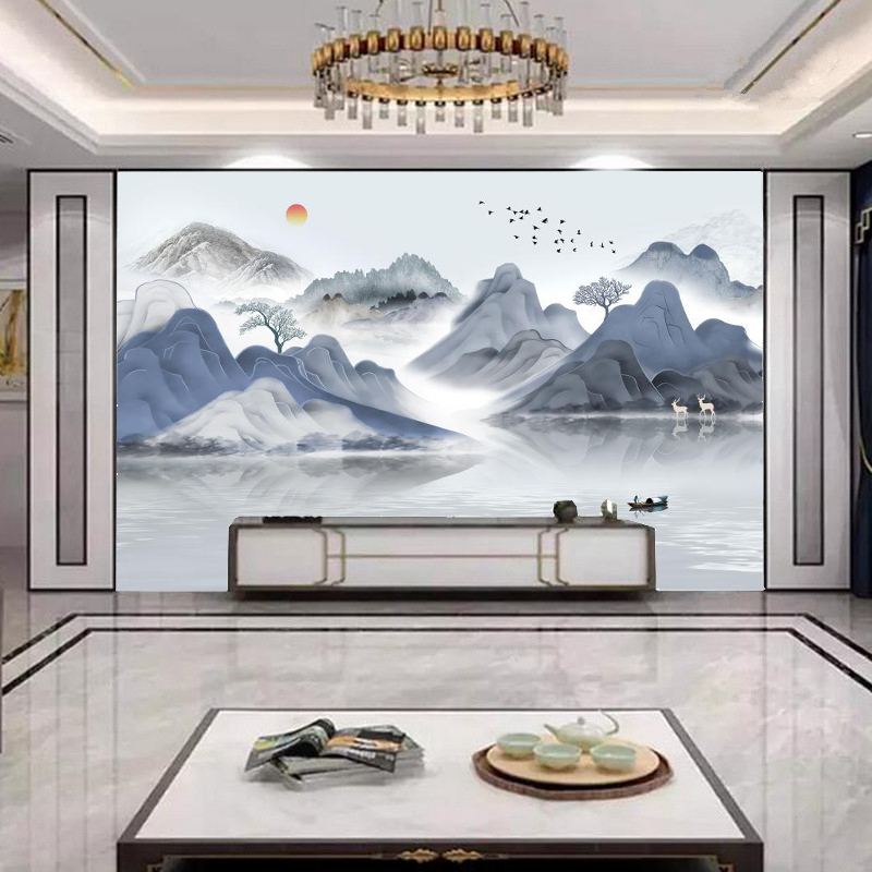 16d新中式手绘山水画浅灰电视背景墙壁纸客厅沙发墙纸壁画影视墙