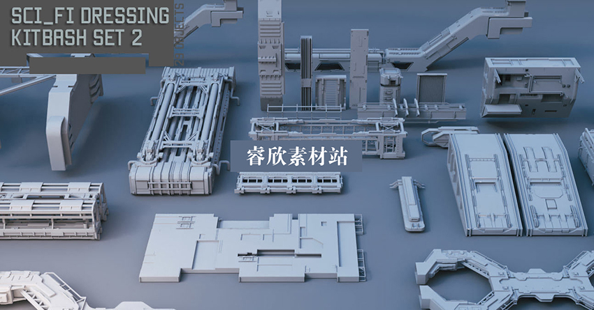 c4d 3dmax maya科幻风格建筑机械结构飞船结构构件3d模型设计素材