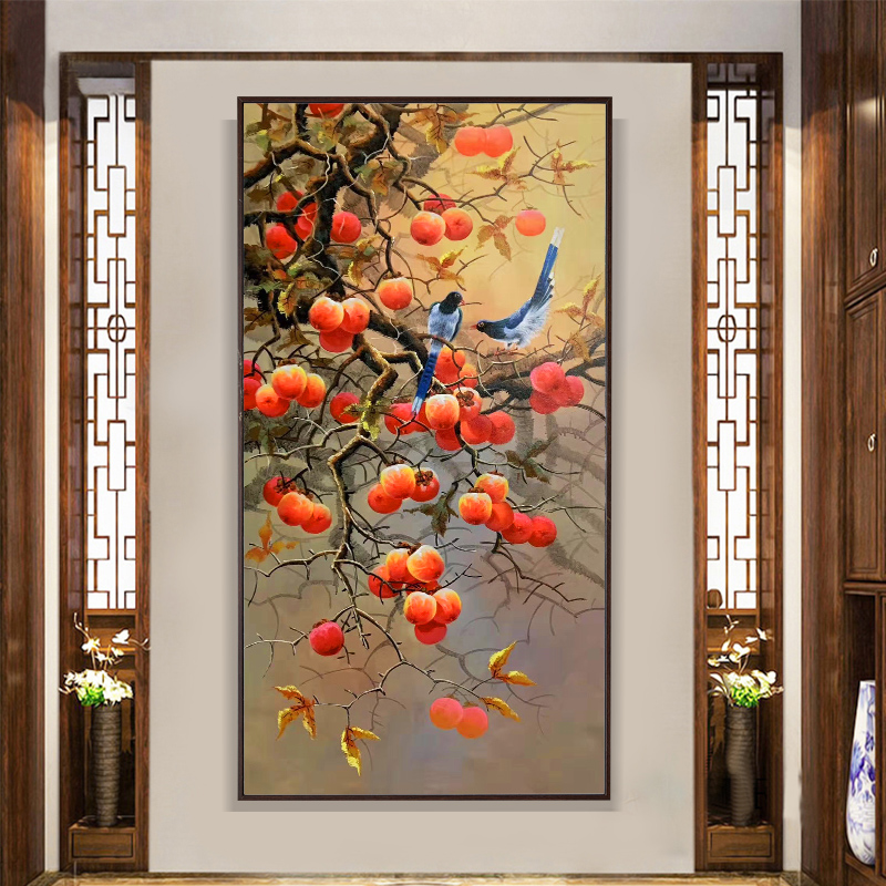 新中式事事如意柿子画进门玄关挂画走廊竖版客厅装饰画纯手绘油画