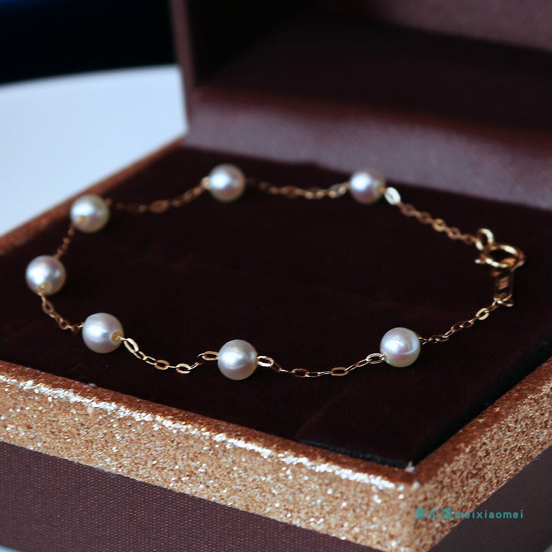 日本奢侈品珠宝首饰代购日系18k金海水珍珠间隔排列可爱纤细手链