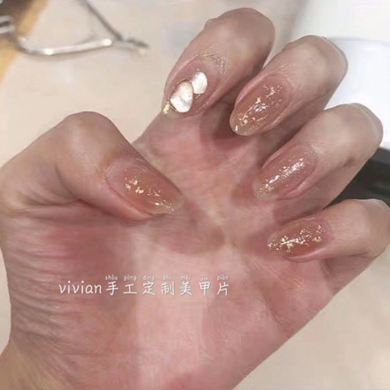假指甲贴片抖音同款裸色晕染金箔贝壳假指甲成品美甲可以粘的美甲