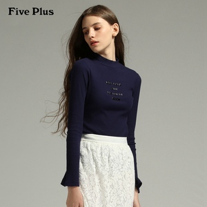 Five Plus新女秋装棉质字母图案立领喇叭长袖T恤打底衫2HM4021360打底衫女