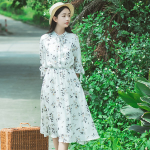 2017夏季新款森女系文艺小清新雪纺碎花连衣裙女夏学生中长款裙子碎花连衣裙