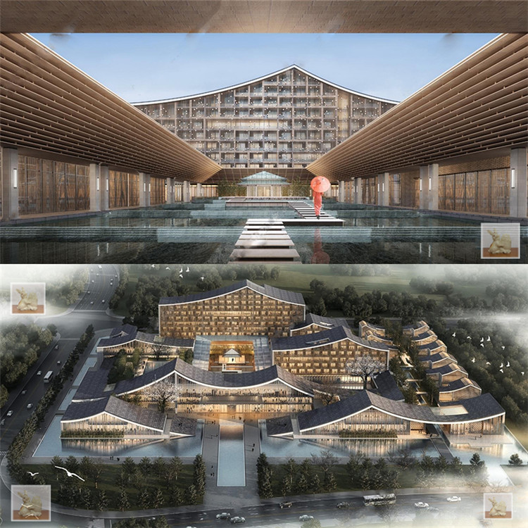 609新中式坡屋顶民宿酒店度假村会议中心建筑设计草图大师su模型