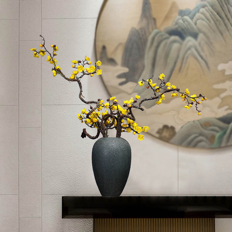 现代新中式轻奢复古陶瓷花瓶客厅玄关酒店仿真腊梅插花装饰品摆件