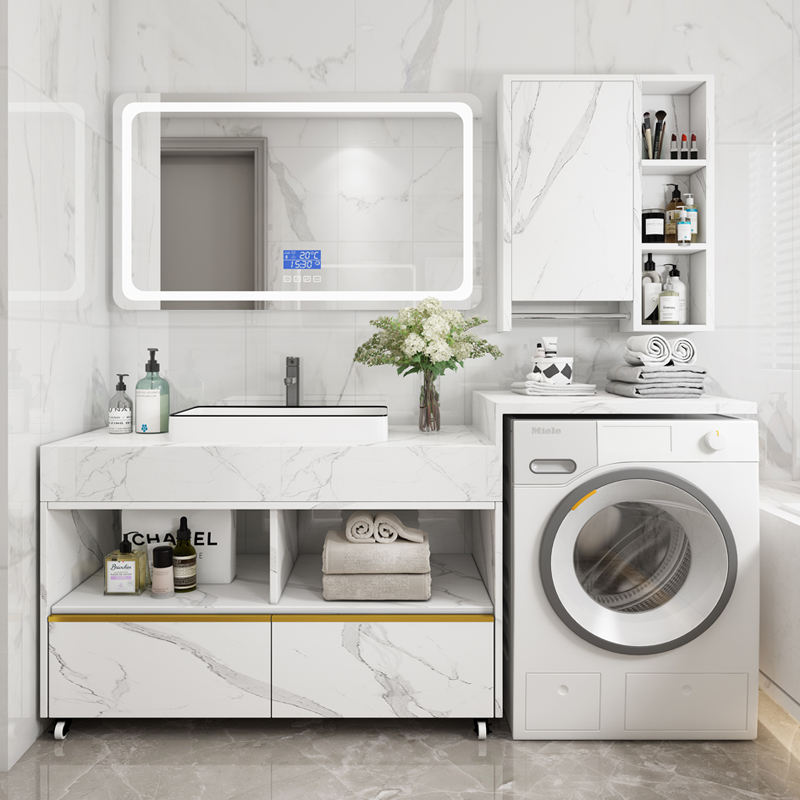 现代简约大理石洗衣机柜北欧实木定制一体柜卫生间洗脸盆柜组合